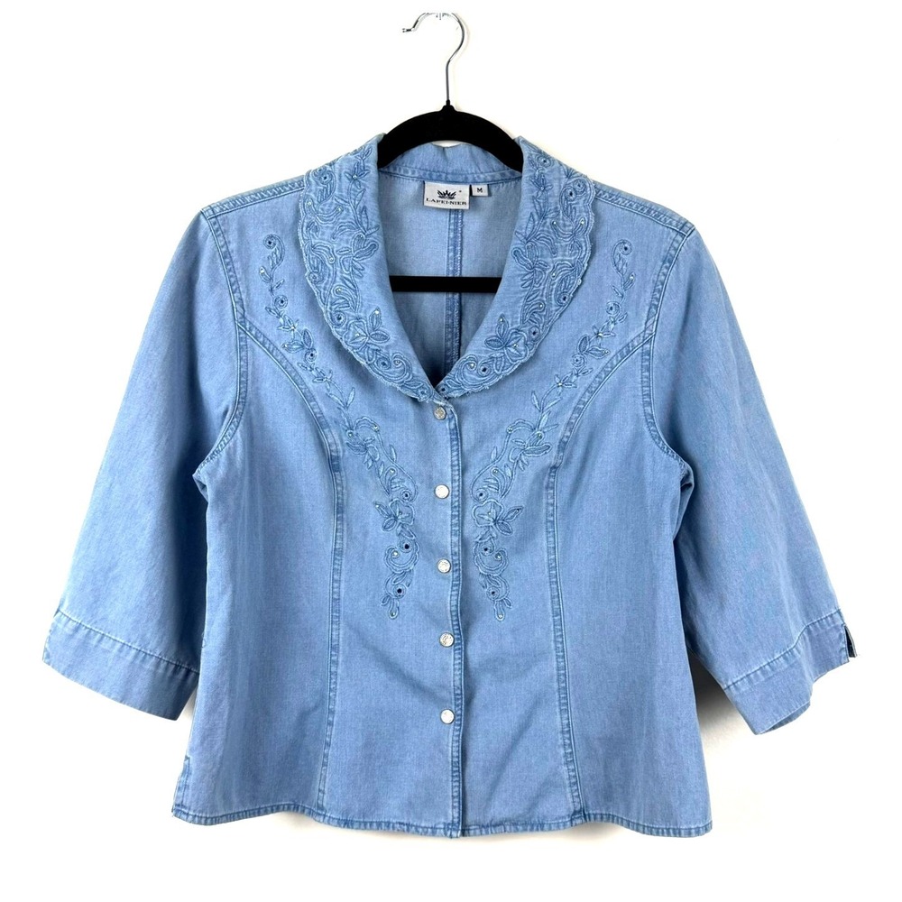 Lafer-nier Chambray Embroidered Top‎ M Cottagecore Button 3/4 Sleeve
